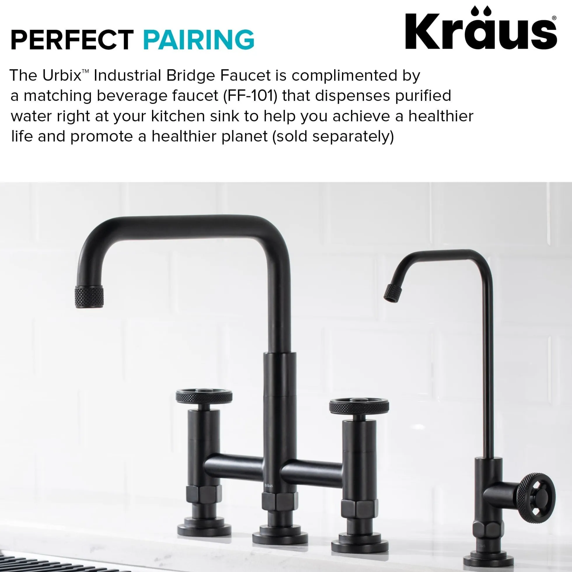 Industrial Bridge Kitchen Faucet with Side Sprayer in Matte Black