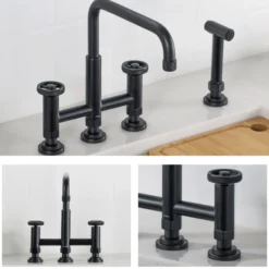 Industrial Bridge Kitchen Faucet with Side Sprayer in Matte Black