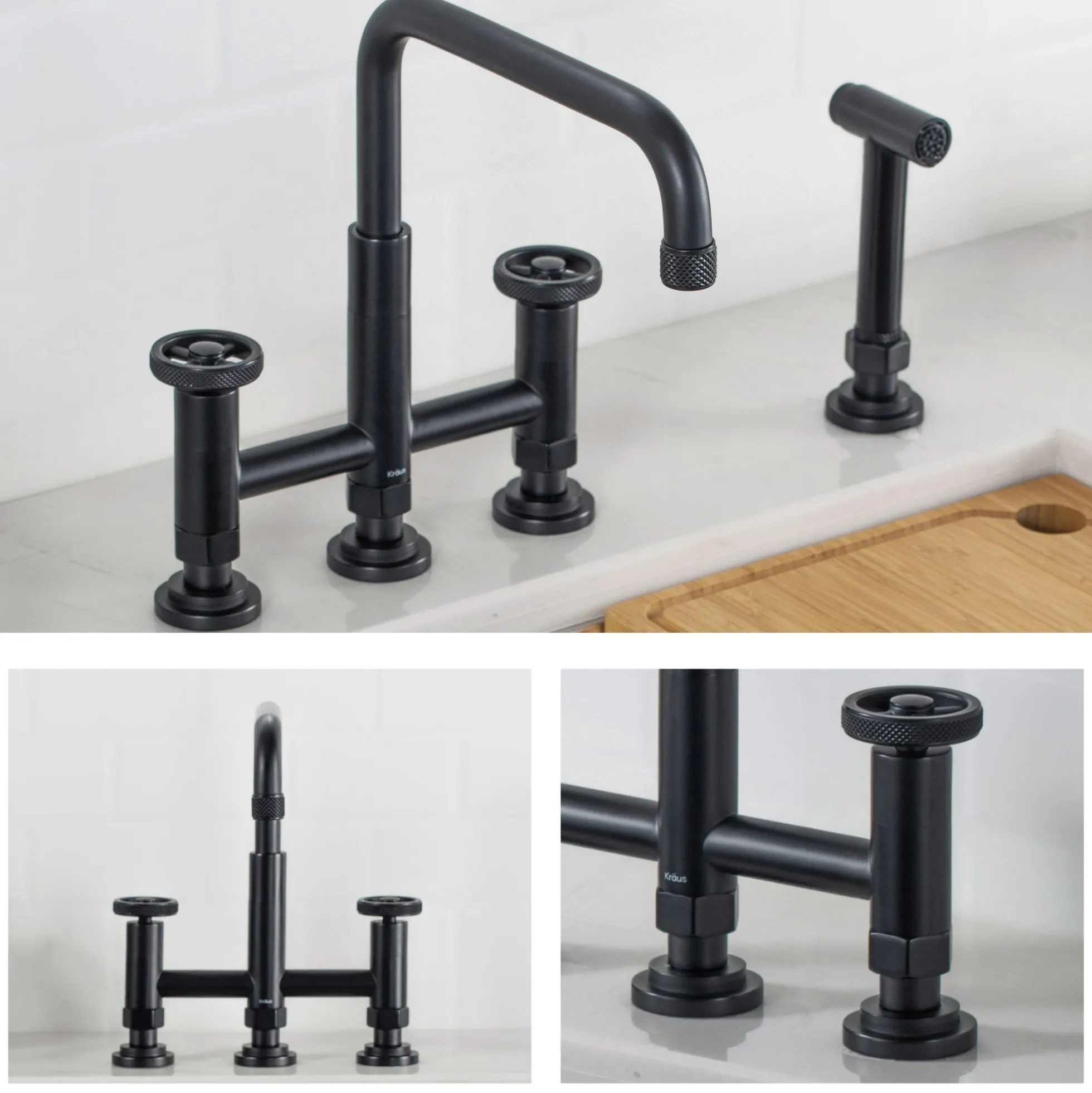 Industrial Bridge Kitchen Faucet with Side Sprayer in Matte Black