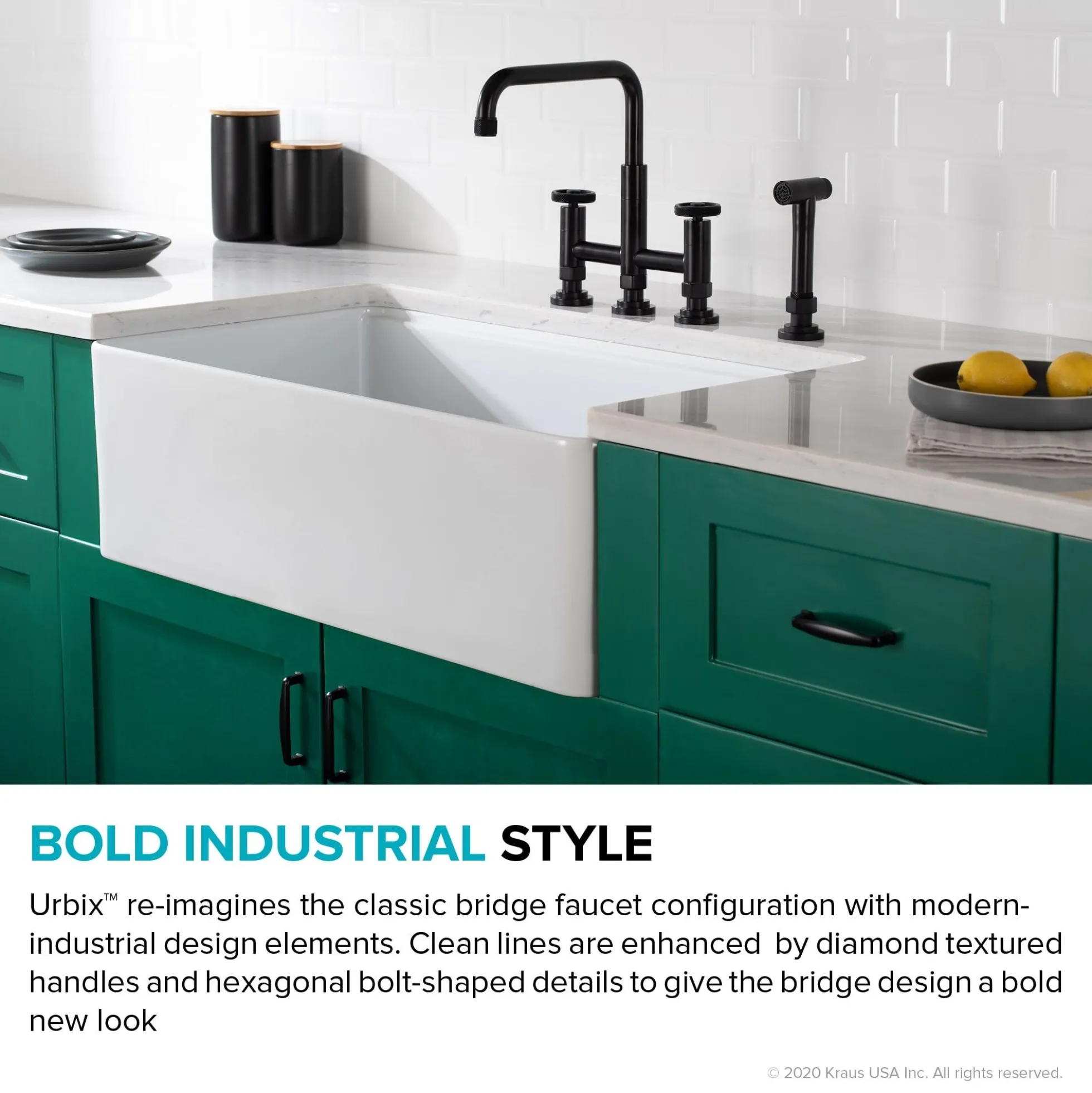 Industrial Bridge Kitchen Faucet with Side Sprayer in Matte Black