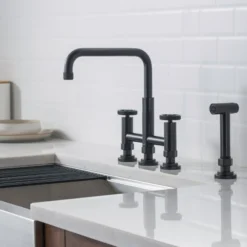 Industrial Bridge Kitchen Faucet with Side Sprayer in Matte Black