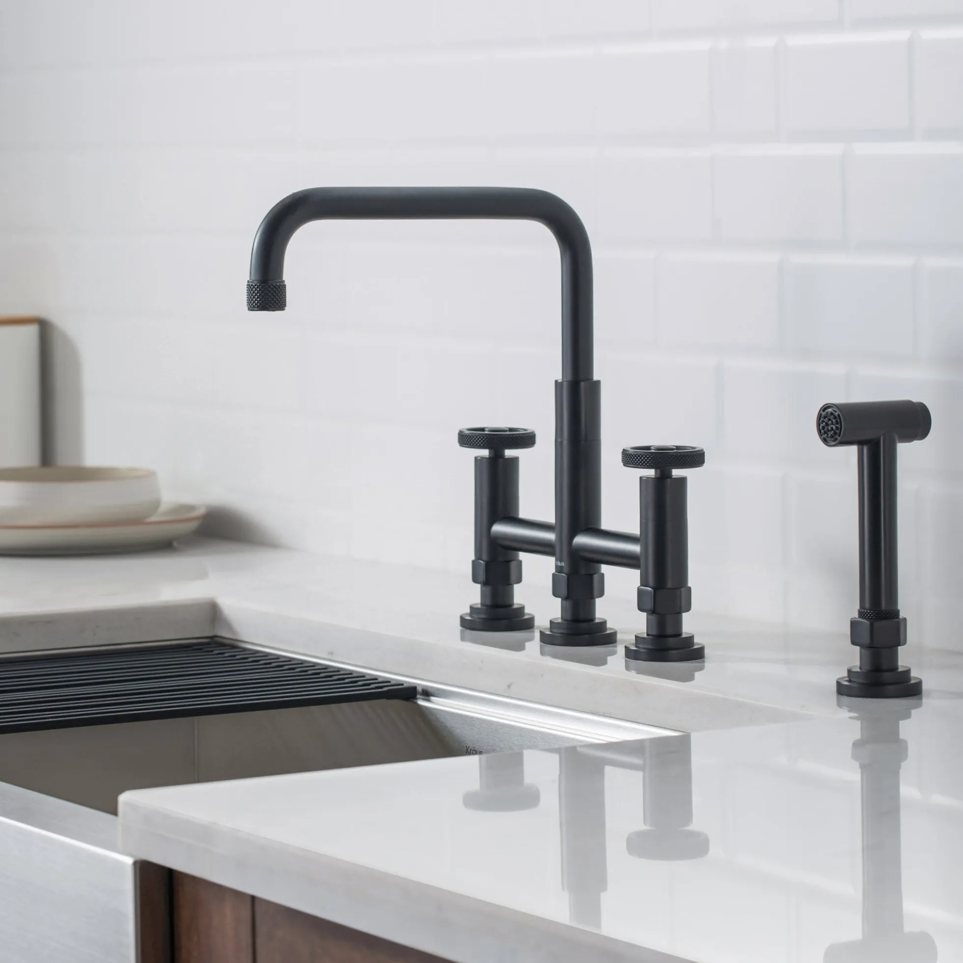 Industrial Bridge Kitchen Faucet with Side Sprayer in Matte Black