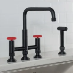 Industrial Bridge Kitchen Faucet with Side Sprayer in Matte Black/Red