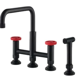 Industrial Bridge Kitchen Faucet with Side Sprayer in Matte Black/Red