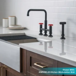 Industrial Bridge Kitchen Faucet with Side Sprayer in Matte Black/Red