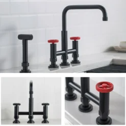 Industrial Bridge Kitchen Faucet with Side Sprayer in Matte Black/Red