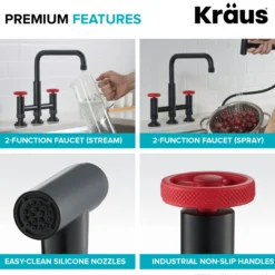 Industrial Bridge Kitchen Faucet with Side Sprayer in Matte Black/Red