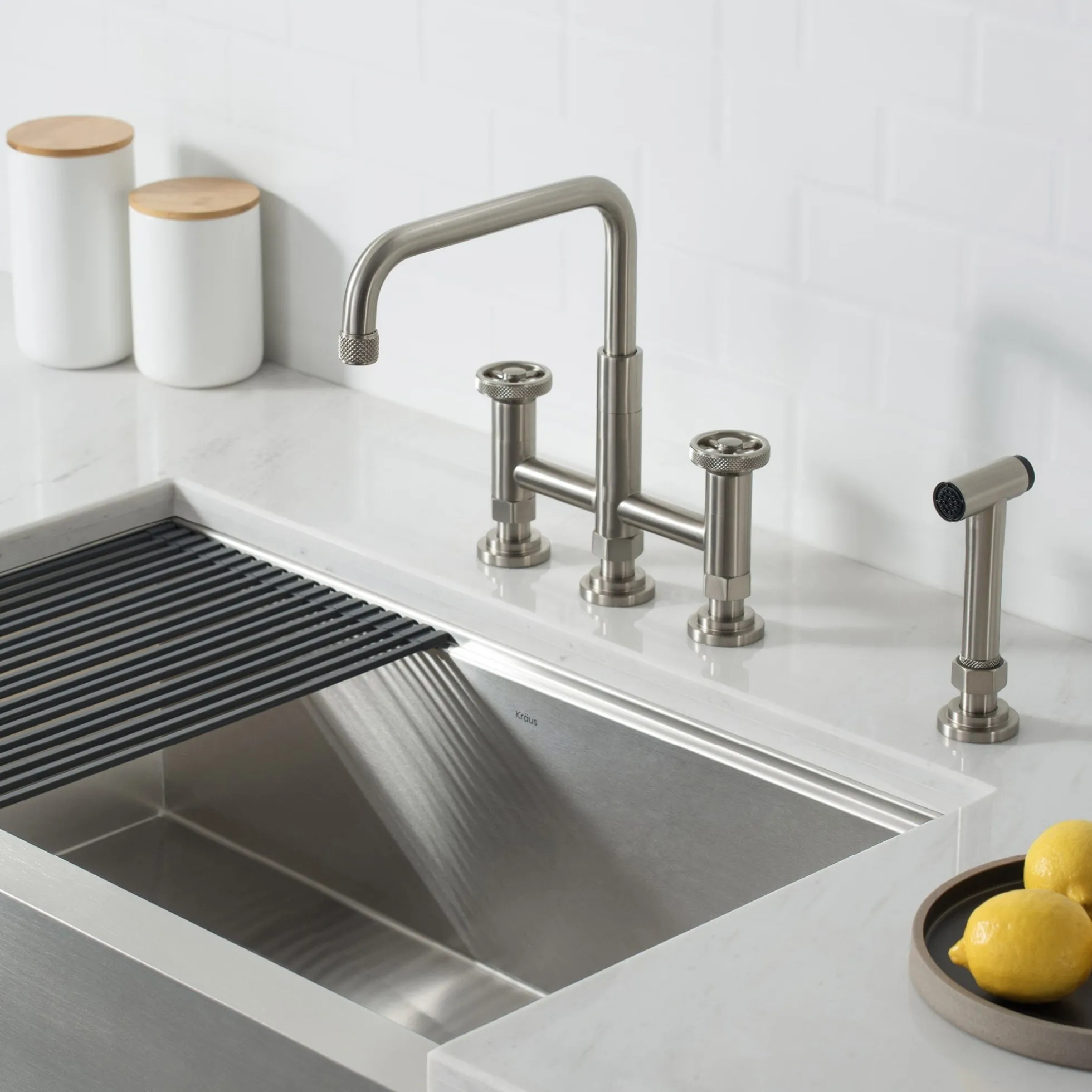 Industrial Bridge Kitchen Faucet with Side Sprayer in Spot Free Stainless Steel