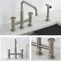 Industrial Bridge Kitchen Faucet with Side Sprayer in Spot Free Stainless Steel