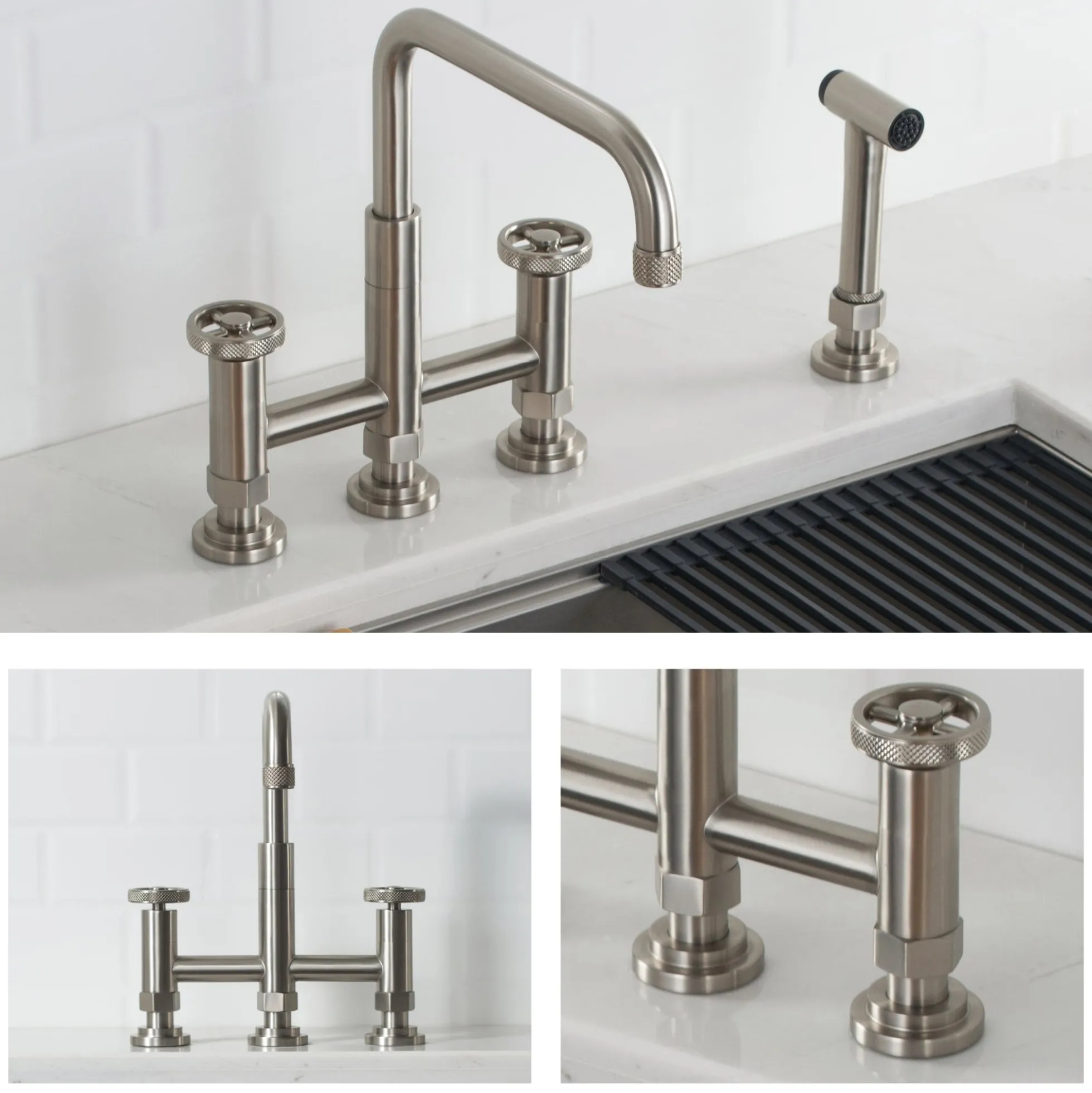 Industrial Bridge Kitchen Faucet with Side Sprayer in Spot Free Stainless Steel
