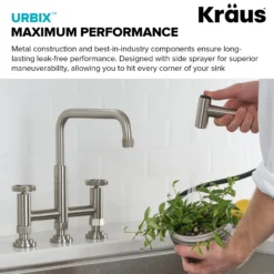 Industrial Bridge Kitchen Faucet with Side Sprayer in Spot Free Stainless Steel