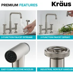 Industrial Bridge Kitchen Faucet with Side Sprayer in Spot Free Stainless Steel