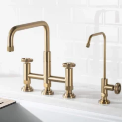 Industrial Bridge Kitchen Faucet and Water Filter Faucet Combo in Brushed Gold