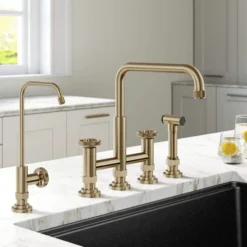 Industrial Bridge Kitchen Faucet and Water Filter Faucet Combo in Brushed Gold