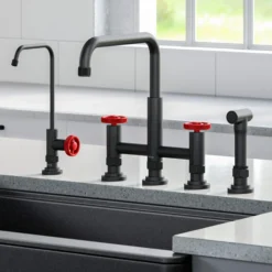 Industrial Bridge Kitchen Faucet and Water Filter Faucet Combo in Matte Black/Red