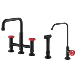 Industrial Bridge Kitchen Faucet and Water Filter Faucet Combo in Matte Black/Red
