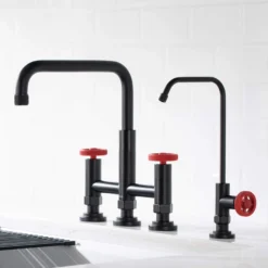 Industrial Bridge Kitchen Faucet and Water Filter Faucet Combo in Matte Black/Red