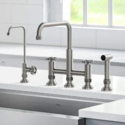 Industrial Bridge Kitchen Faucet and Water Filter Faucet Combo in Spot Free Stainless Steel