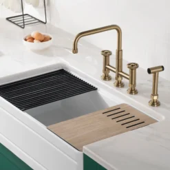 Industrial Bridge Kitchen Faucet with Side Sprayer in Brushed Gold
