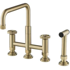 Industrial Bridge Kitchen Faucet with Side Sprayer in Brushed Gold