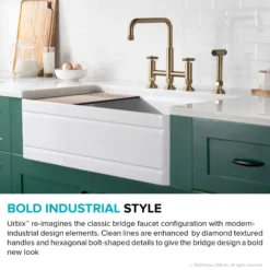 Industrial Bridge Kitchen Faucet with Side Sprayer in Brushed Gold