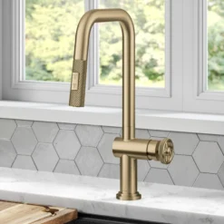 Industrial Pull-Down Single Handle Kitchen Faucet in Brushed Gold
