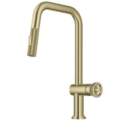 Industrial Pull-Down Single Handle Kitchen Faucet in Brushed Gold