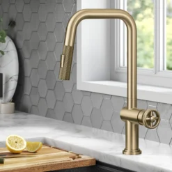 Industrial Pull-Down Single Handle Kitchen Faucet in Brushed Gold