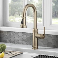Industrial Pull-Down Single Handle Kitchen Faucet in Spot-Free Antique Champagne Bronze