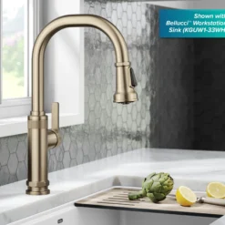 Industrial Pull-Down Single Handle Kitchen Faucet in Spot-Free Antique Champagne Bronze