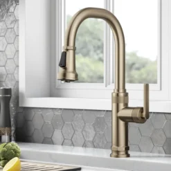 Industrial Pull-Down Single Handle Kitchen Faucet in Spot-Free Antique Champagne Bronze