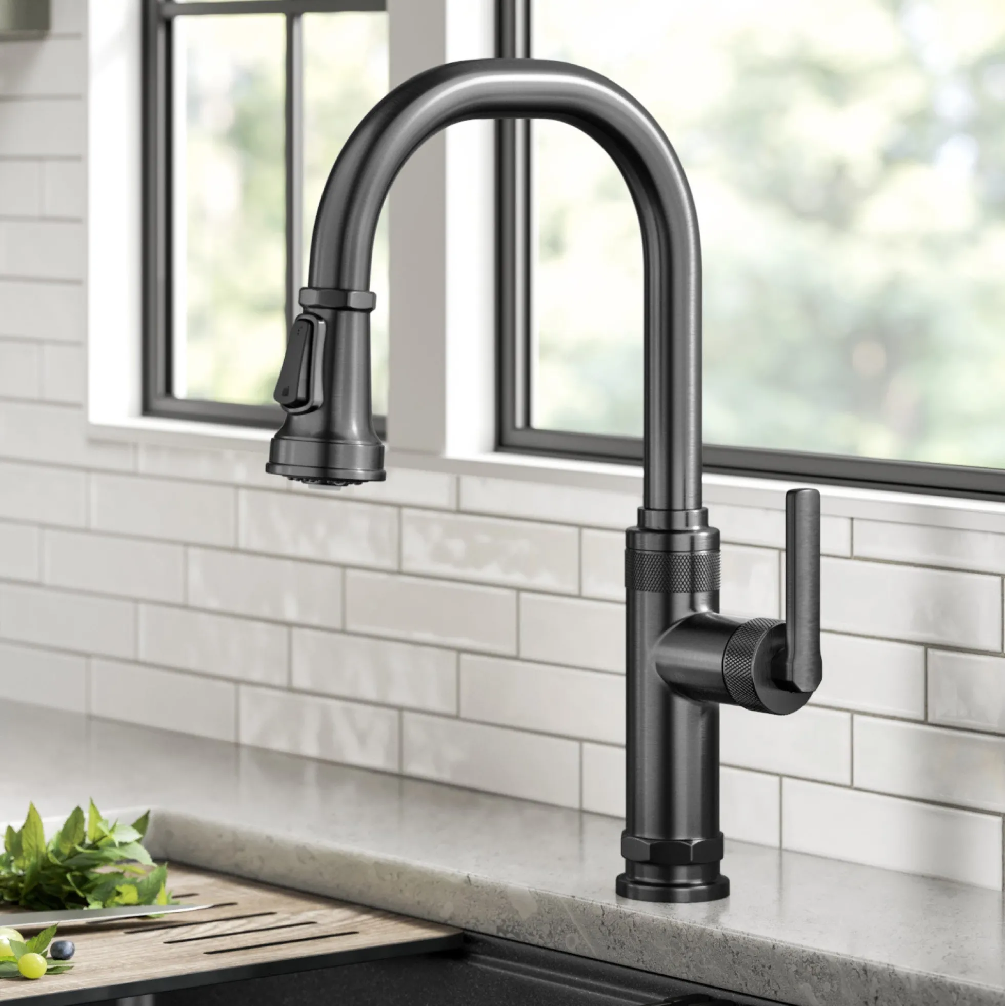 Industrial Pull-Down Single Handle Kitchen Faucet in Spot-Free Black Stainless Steel