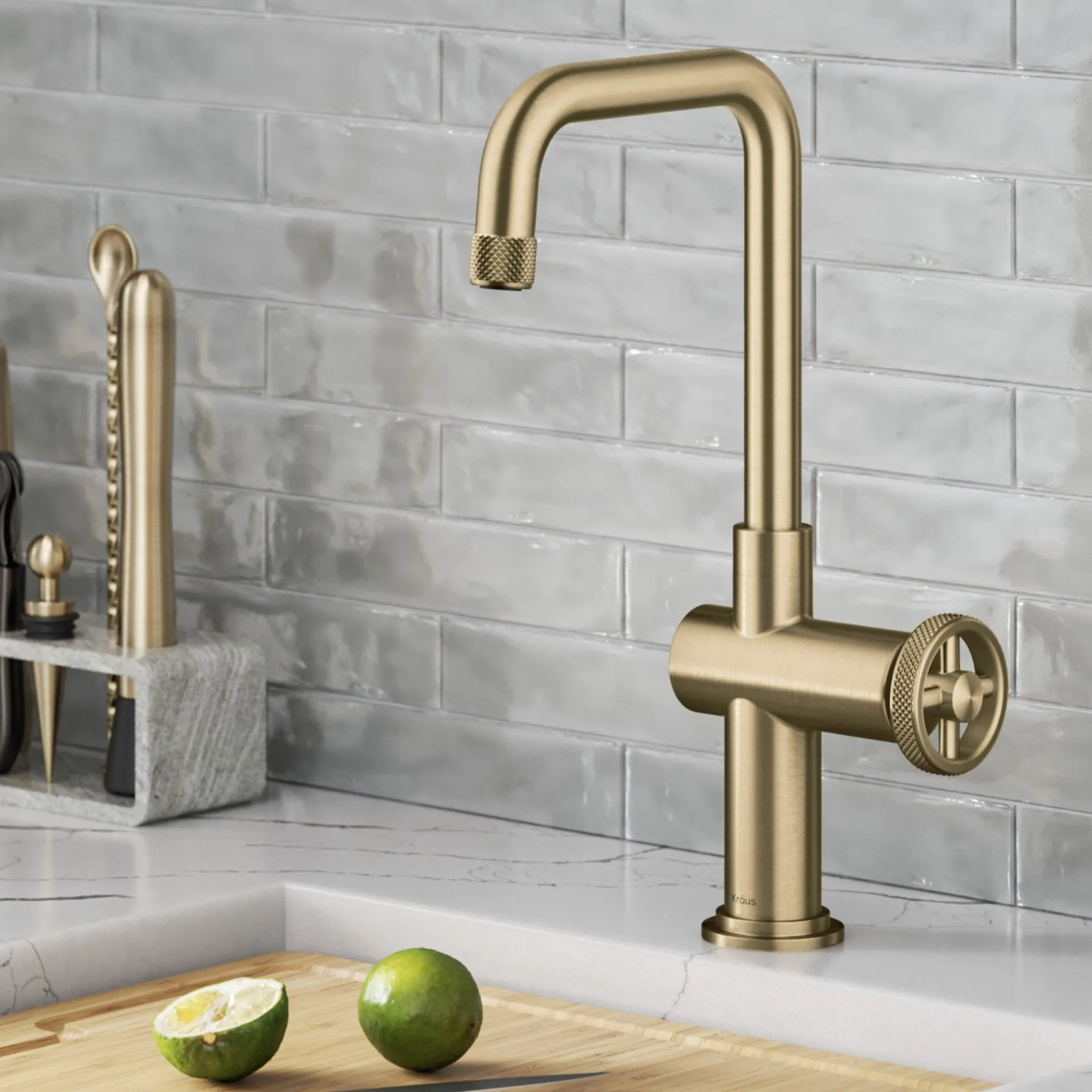 Industrial Single Handle Kitchen Bar Faucet in Brushed Gold