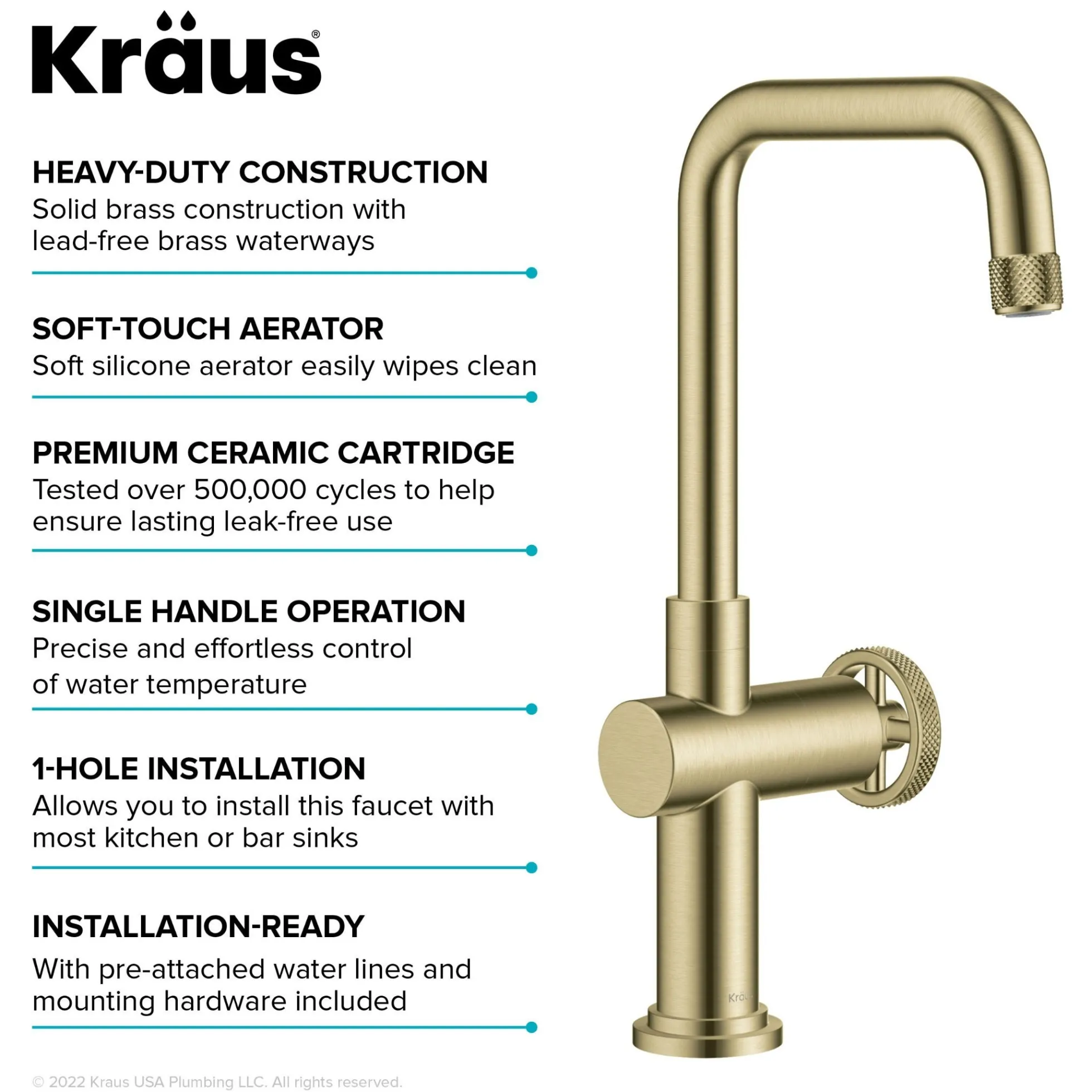 Industrial Single Handle Kitchen Bar Faucet in Brushed Gold