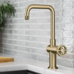 Industrial Single Handle Kitchen Bar Faucet in Brushed Gold