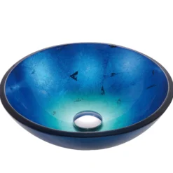 Irruption Blue Glass Vessel 16 1/2" Bathroom Sink w/ Pop-Up Drain in Satin Nickel