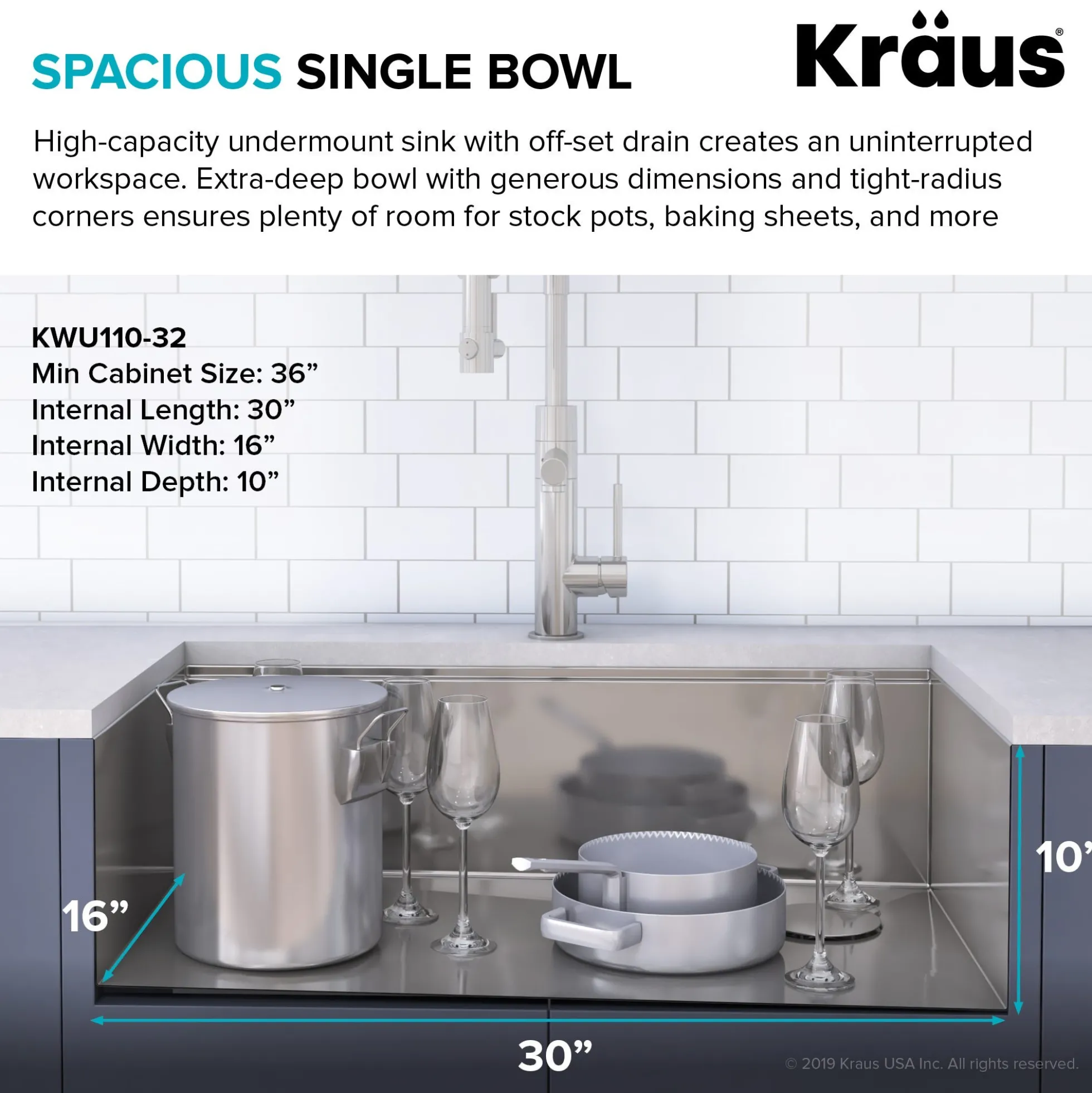 Kore™ Workstation 32-inch Undermount 16 Gauge Single Bowl Stainless Steel Kitchen Sink with WasteGuard™ 1 HP Continuous Feed Garbage Disposal
