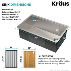 Kore™ Workstation 30-inch Undermount 16 Gauge Single Bowl Stainless Steel Kitchen Sink with Accessories (Pack of 5) with WasteGuard™ Continuous Feed Garbage Disposal