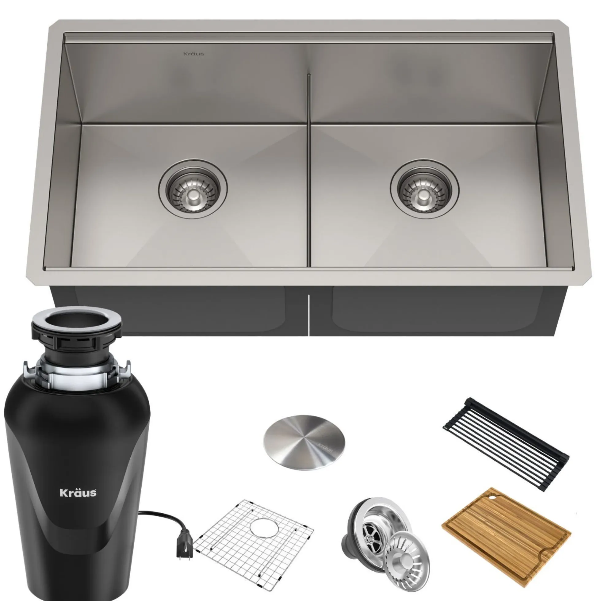 Kore™ Workstation 33-inch Undermount 16 Gauge Double Bowl Stainless Steel Kitchen Sink with Accessories (Pack of 8) with WasteGuard™ Continuous Feed Garbage Disposal