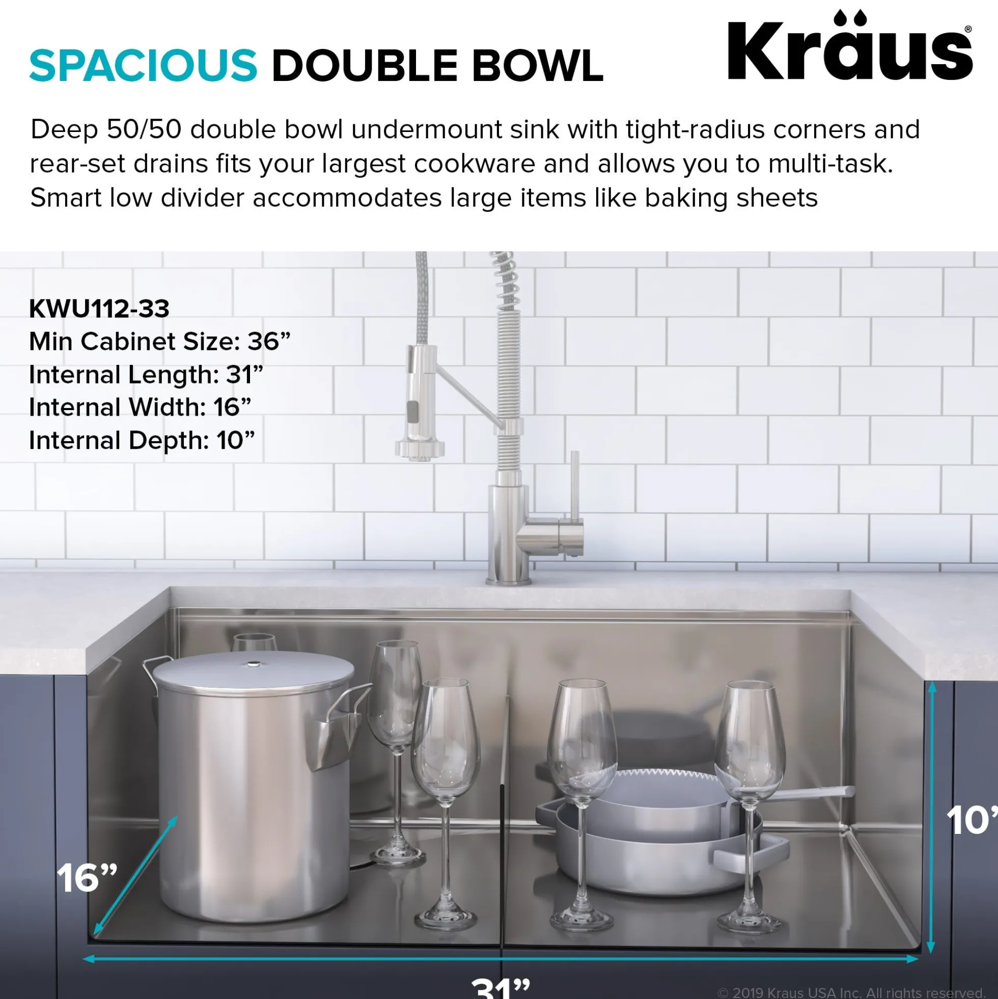 Kore™ Workstation 33-inch Undermount 16 Gauge Double Bowl Stainless Steel Kitchen Sink with Accessories (Pack of 8) with WasteGuard™ Continuous Feed Garbage Disposal