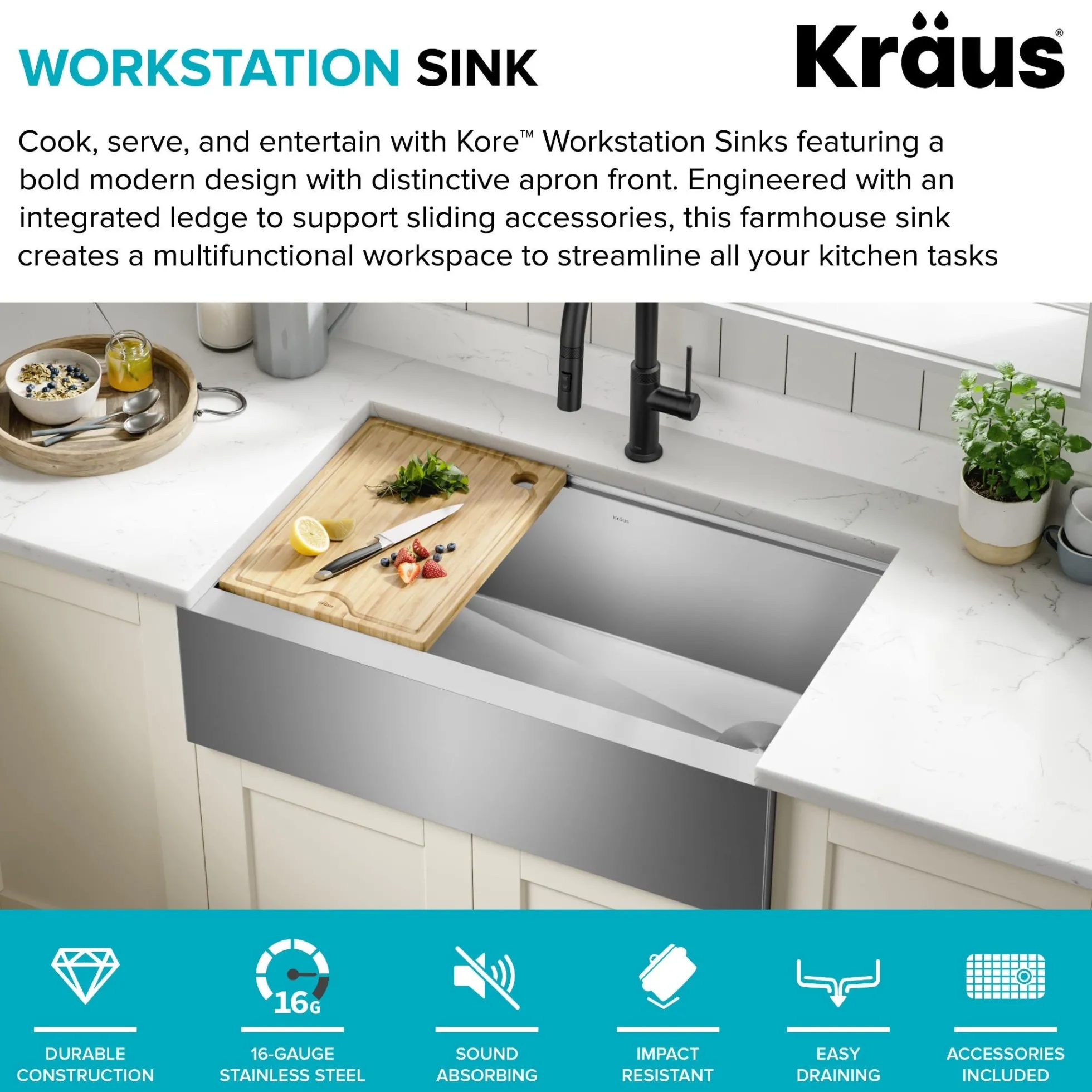 33" Modern Farmhouse Workstation 16 Gauge Single Bowl Stainless Steel Kitchen Sink with Accessories