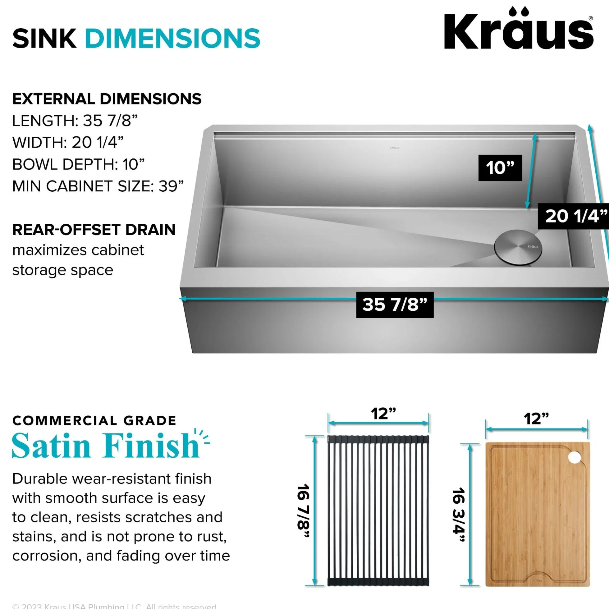 36" Modern Farmhouse Workstation 16 Gauge Single Bowl Stainless Steel Kitchen Sink with Accessories