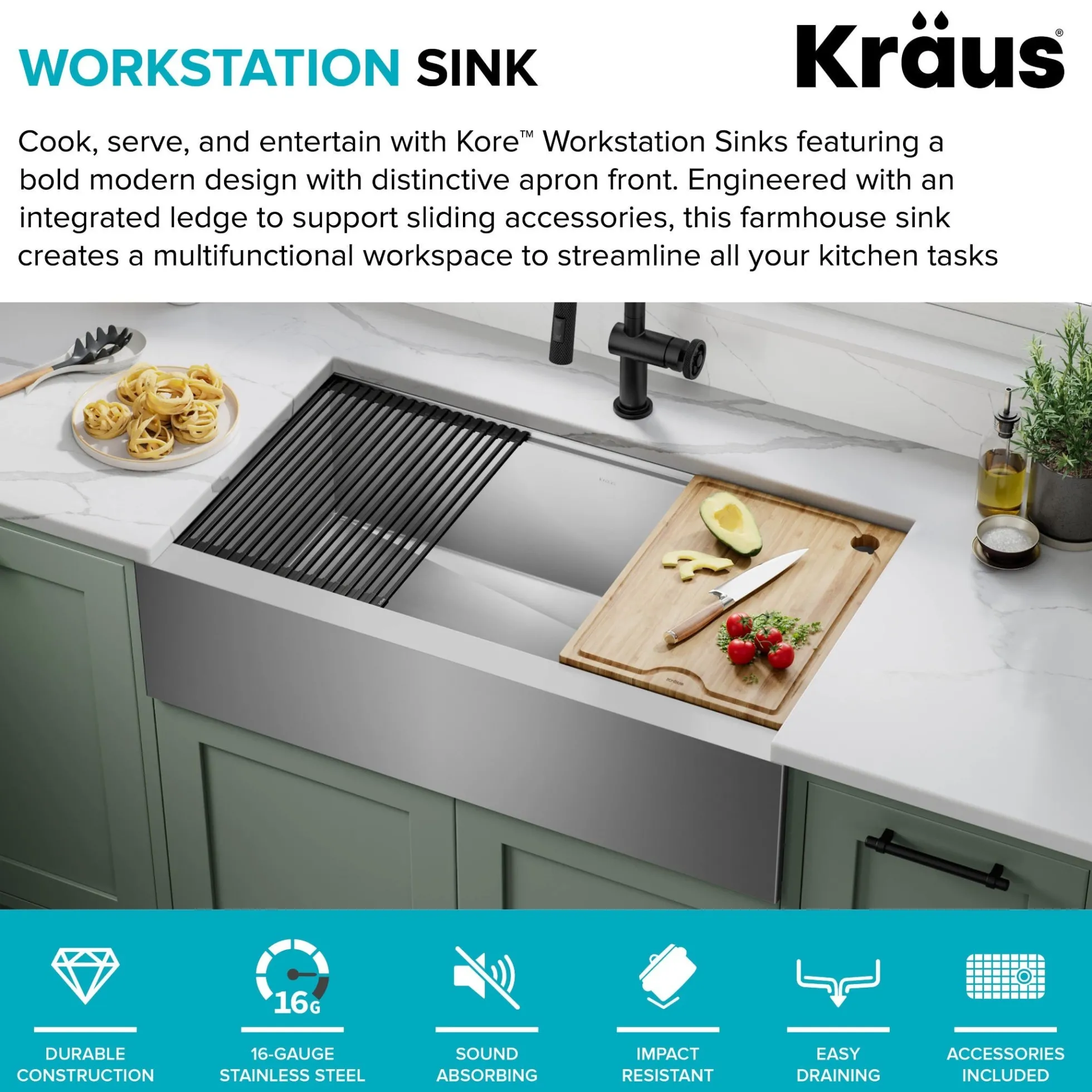 36" Modern Farmhouse Workstation 16 Gauge Single Bowl Stainless Steel Kitchen Sink with Accessories
