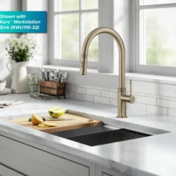 Modern Industrial Pull-Down Single Handle Kitchen Faucet in Brushed Gold