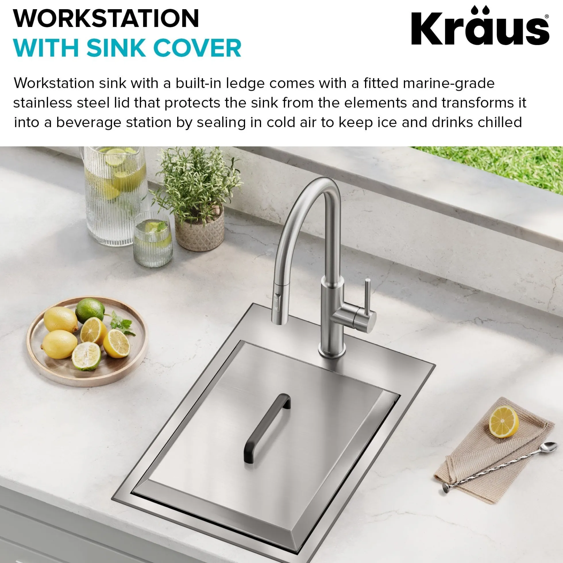 15” Outdoor Drop In / Top Mount 16-Gauge Marine Grade T-316 Stainless Steel Single Bowl Workstation Kitchen Sink with Outdoor Sink Cover