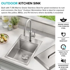 15” Outdoor Drop In / Top Mount 16-Gauge Marine Grade T-316 Stainless Steel Single Bowl Workstation Kitchen Sink with Outdoor Sink Cover