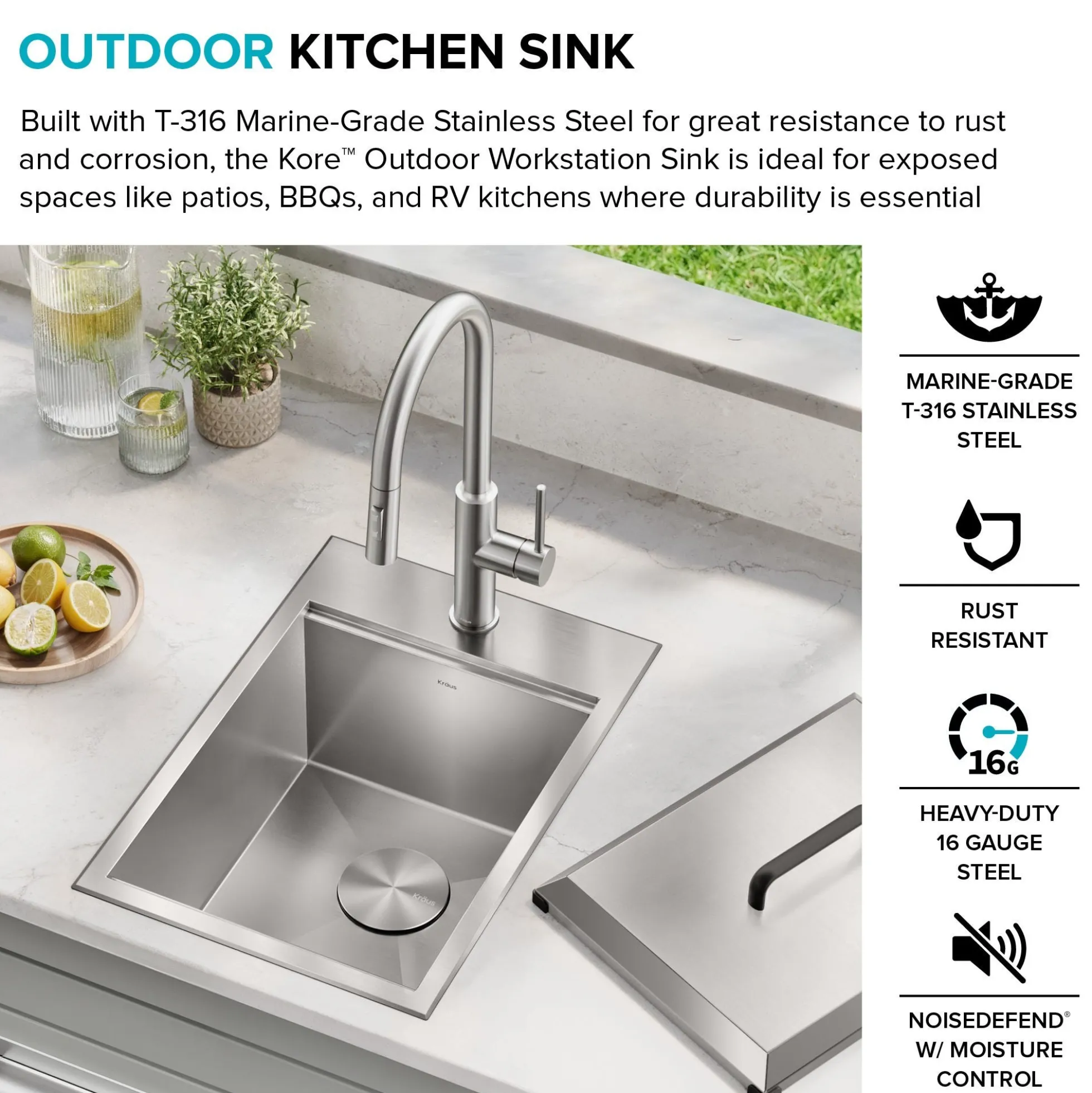 15” Outdoor Drop In / Top Mount 16-Gauge Marine Grade T-316 Stainless Steel Single Bowl Workstation Kitchen Sink with Outdoor Sink Cover