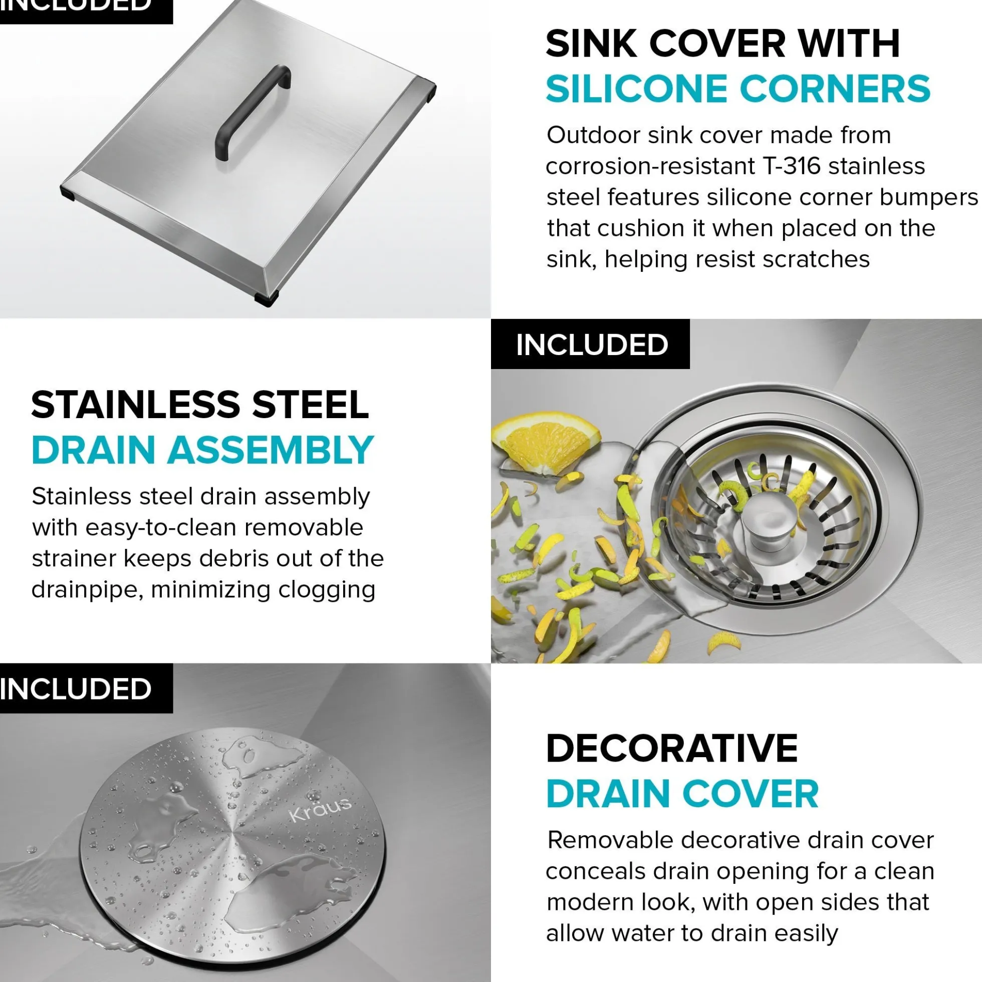 15” Outdoor Drop In / Top Mount 16-Gauge Marine Grade T-316 Stainless Steel Single Bowl Workstation Kitchen Sink with Outdoor Sink Cover