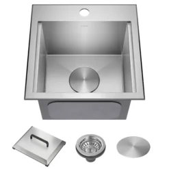 15” Outdoor Drop In / Top Mount 16-Gauge Marine Grade T-316 Stainless Steel Single Bowl Workstation Kitchen Sink with Outdoor Sink Cover