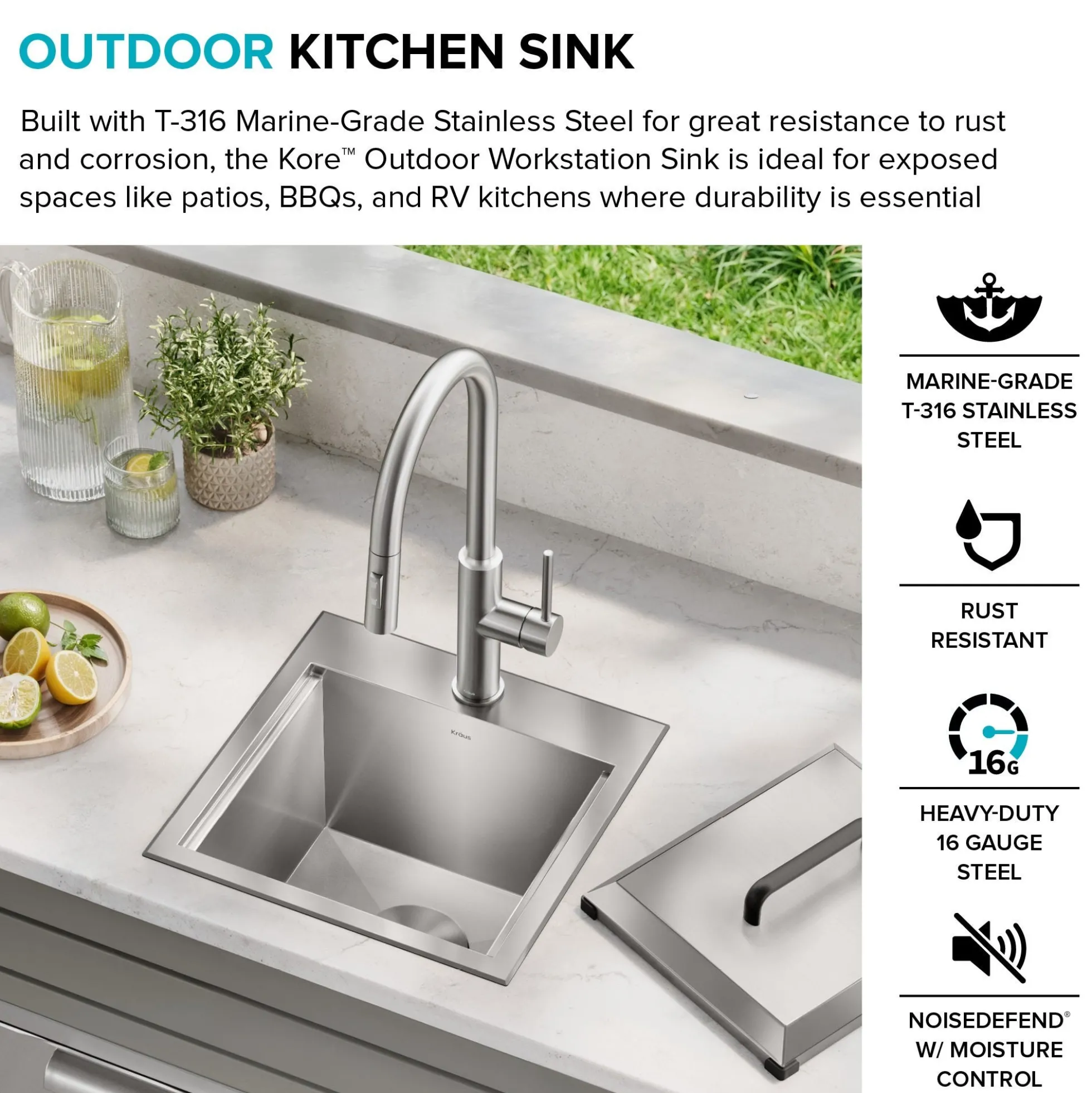 15” Outdoor Drop In / Top Mount 16-Gauge Marine Grade T-316 Stainless Steel Single Bowl Workstation Kitchen Sink with Outdoor Sink Cover
